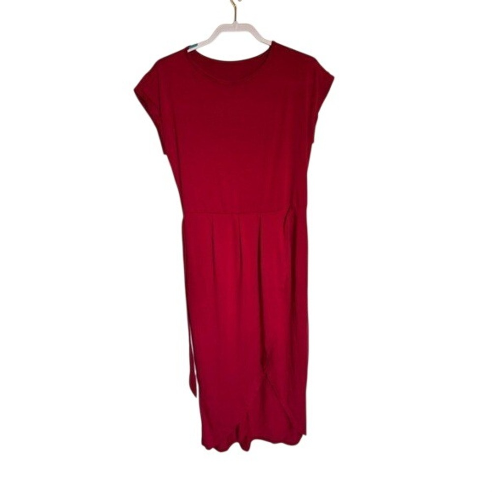 Red Short Sleeve Wrap Tie Waist Tulip‎ Hem Midi Dress Large